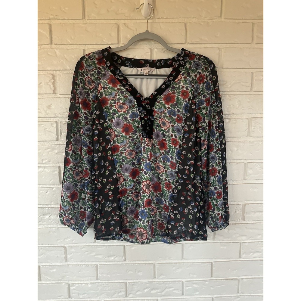Nanette Lepore Floral Cottagecore Blouse Black Multicolor Size XS